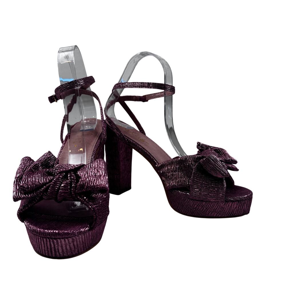Lulus Lilsa Metallic Pink Crinkle Bow Platform Ankle Strap Heels Women's 7.5